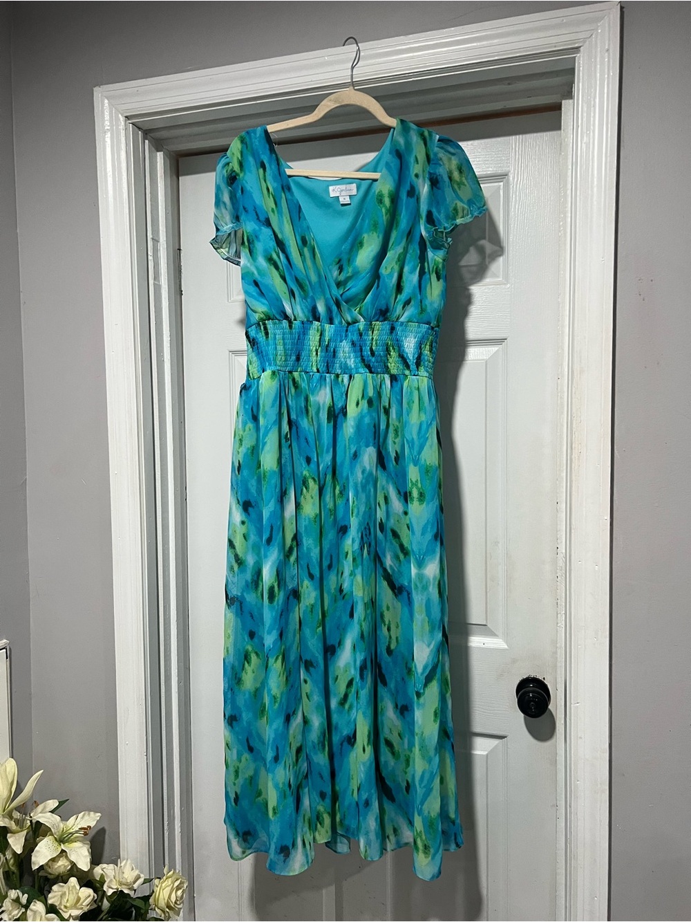 K. Jordan Turquoise & Green Printed Chiffon Maxi Dress